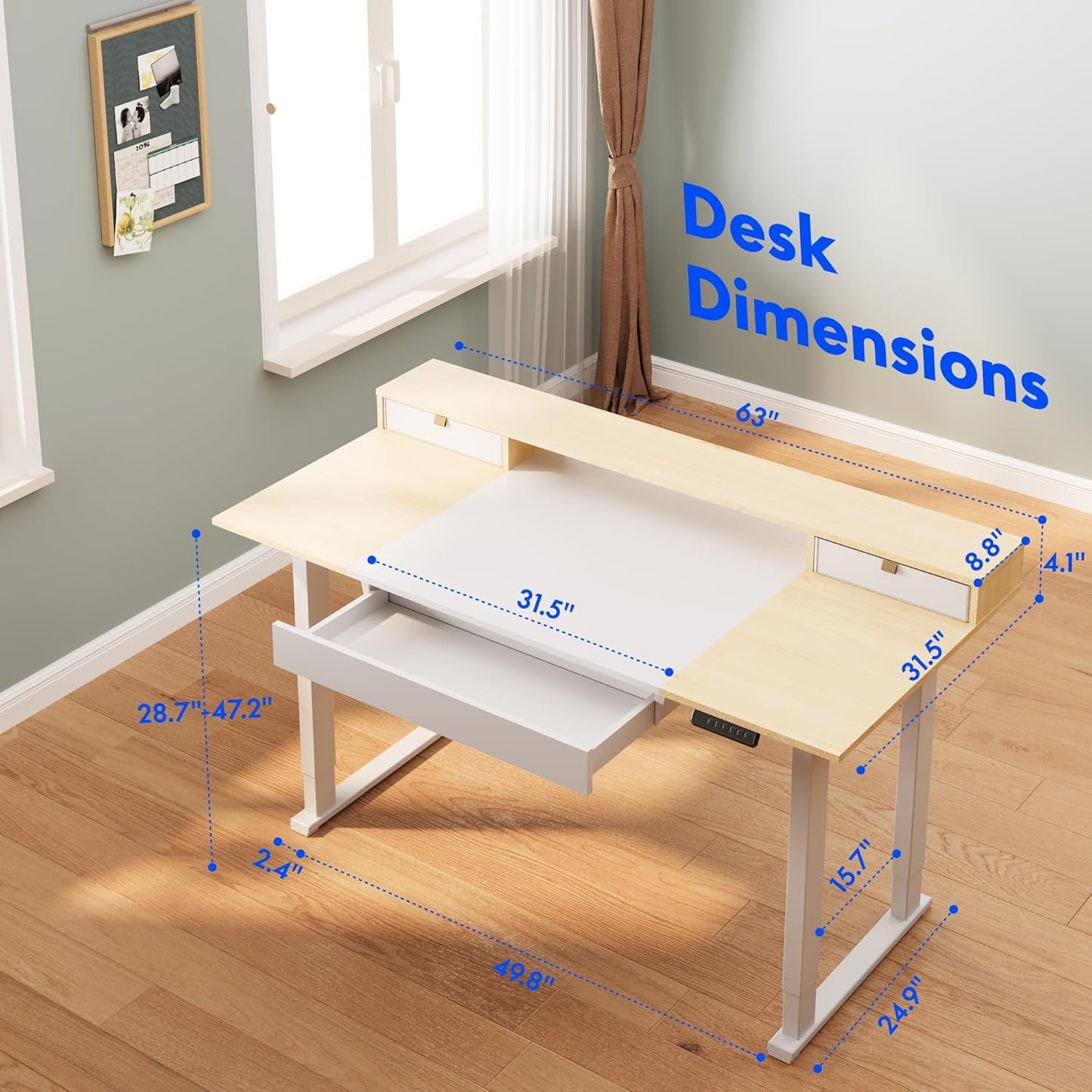FLEXISPOT 4-Leg Standing Desk with Storage 63x32 in Electric Adjustable Height with 3 Drawers & Shelving Home Office Workstation (White + Maple Top)