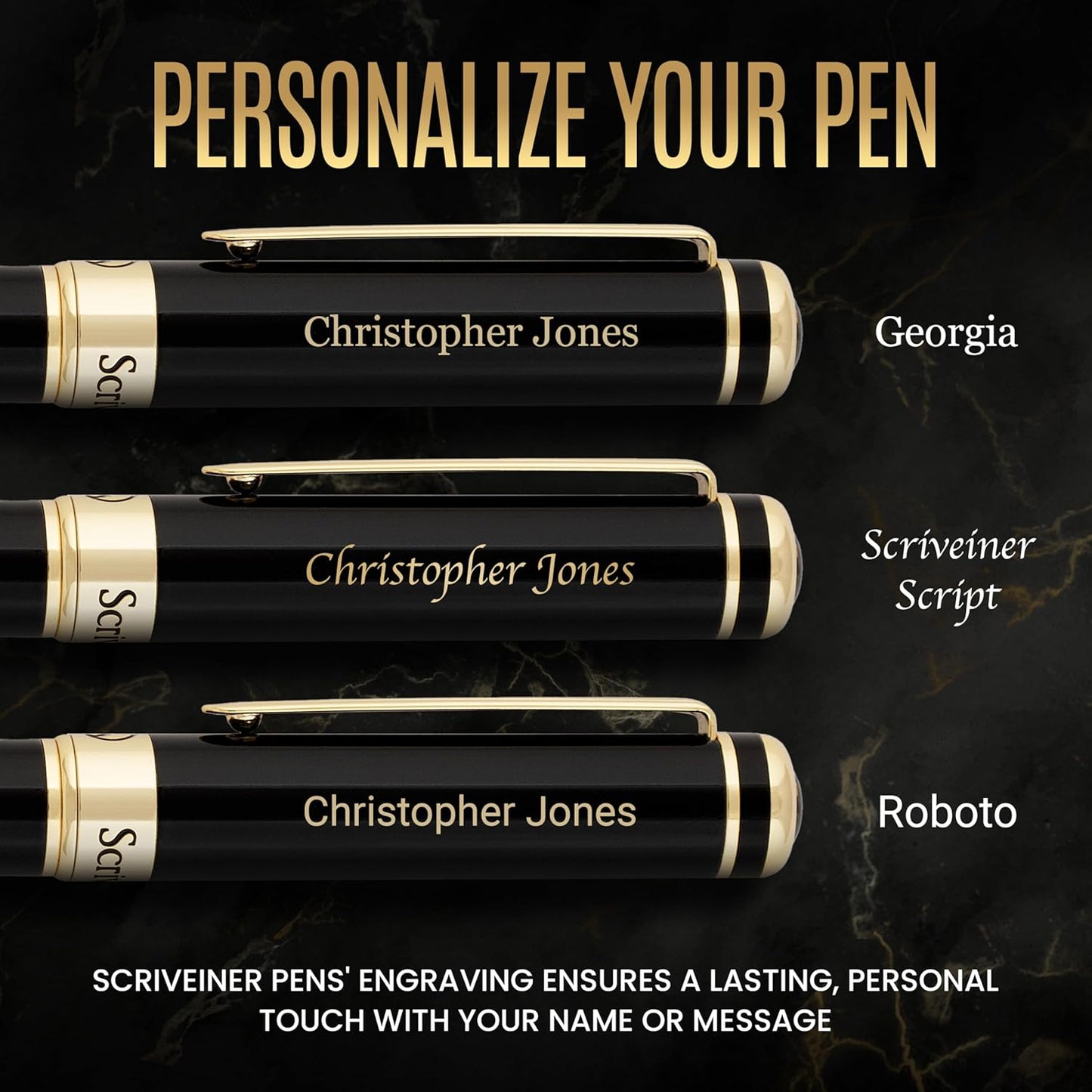Scriveiner Personalized Black Ballpoint Pen - Stunning Luxury Pen, Jet Black Lacquer, Real Gold Plating, Schmidt Ink Refill, Best Engraved Ball Point Gift Set for Men & Women, Custom Name Engraving