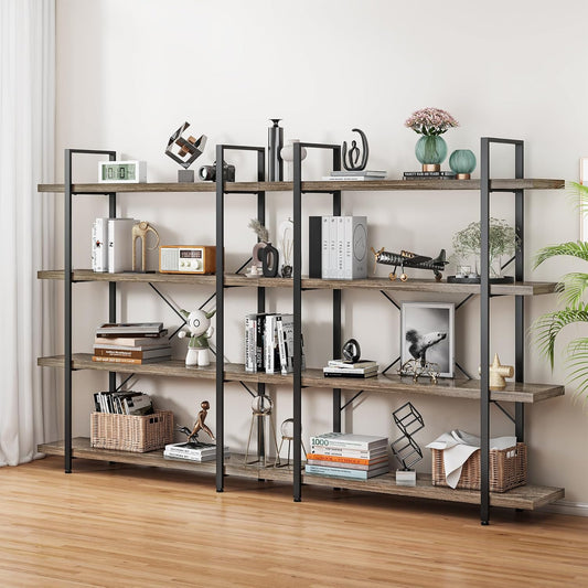 Bookshelf Set of 2, Heavy Duty 4-Tier Industrial Bookcase, 47" Wide Wood Bookshelf for Home Office, 120lbs Shelf Capacity, Rustic Display with Horizontal Shelf for Living Room Bedroom,Grey