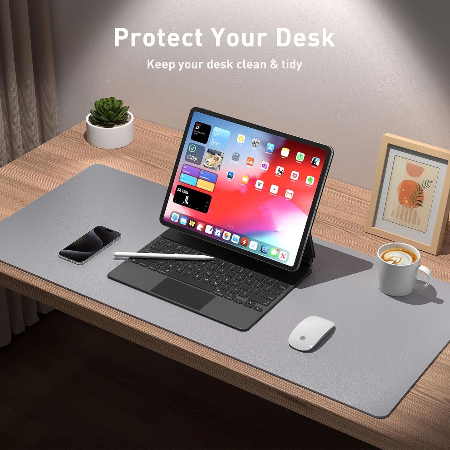 Aothia Leather Desk Pad Protector, Mouse Pad, Office Desk Mat, Non-Slip PU Leather Desk Blotter, Laptop Desk Pad, Waterproof Desk Writing Pad for Office and Home (48"x17", Light Grey)