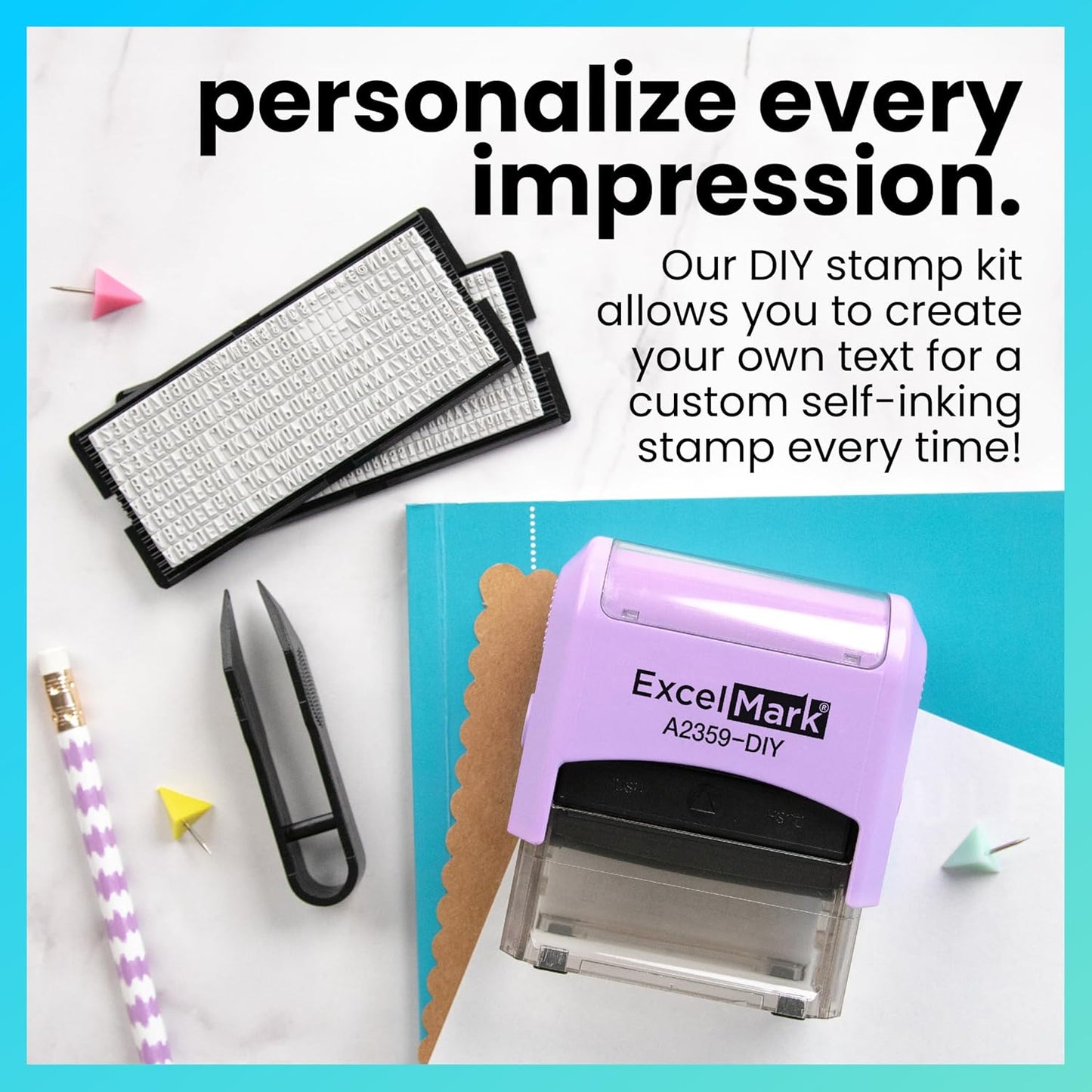 ExcelMark Self-Inking DIY Custom Rubber Stamp Kit - Personalized Stamper for Business or Home - Address Stamp, Message Stamp, and More (Purple)