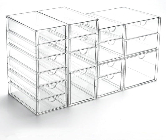 Prsildan Acrylic Drawer Organizer with 17 Drawers, Craft Office Desk Makeup Organizers Accessories, Set of 4 Clear Stackable Storage Drawers for Vanity, Countertop, Jewelry, Art Supply Organization