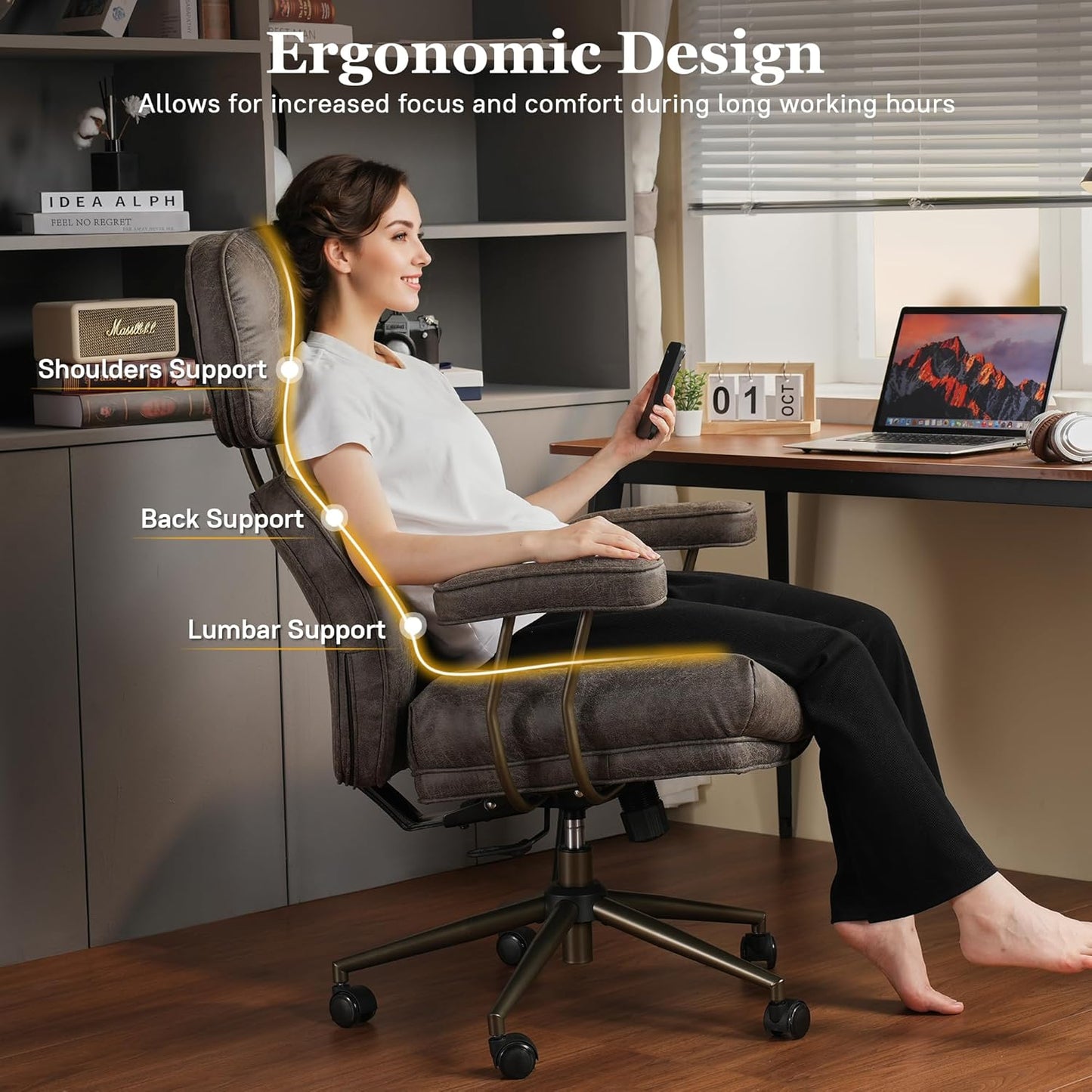 Mid Century Modren Big and Tall Office Chair,Large Ergonomic Executive Chair for Heavy Duty People, Computer Desk Task Chair with Wheels, Faux Lether Fabric Wide Chair for Home Sturdy,Grey