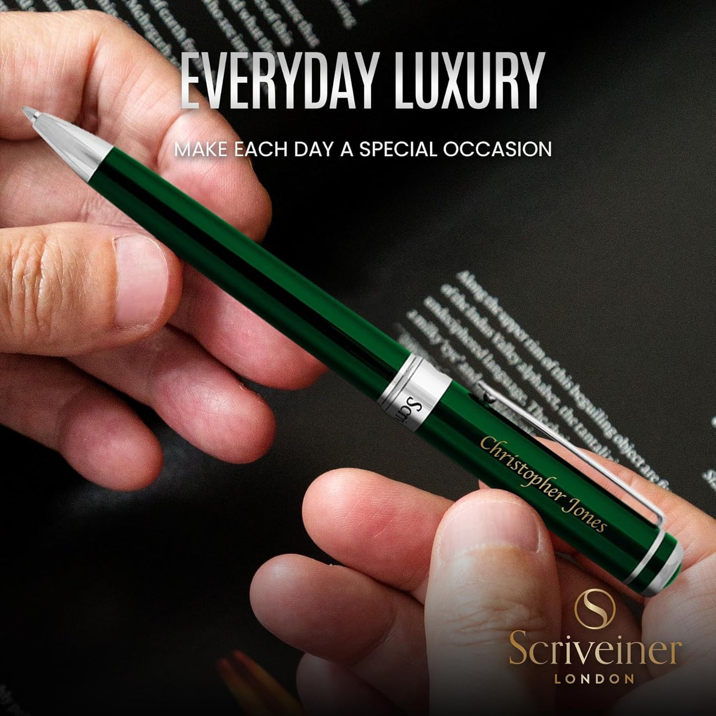 Scriveiner Personalized British Racing Green Pen - Stunning Green Lacquer Luxury Pen with Chrome Finish, Schmidt Ink Refill, Best Engraved Ball Point Gift Set for Men & Women, Custom Name Engraving