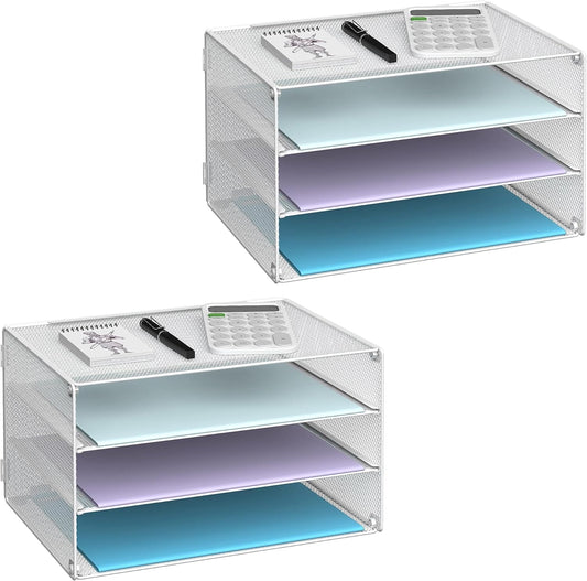 DALTACK 3 Tier Letter Tray Paper Organizer Mesh Metal Desk File Organizer for Home & Office, White 2 Pack