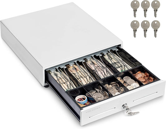 Volcora 13" Cash Register Drawer for Point of Sale (POS) System with 4 Bill 5 Coin Cash Tray, Removable Coin Compartment, 24V, RJ11/RJ12 Key-Lock, Media Slot, White - for Stores, Shops and Businesses