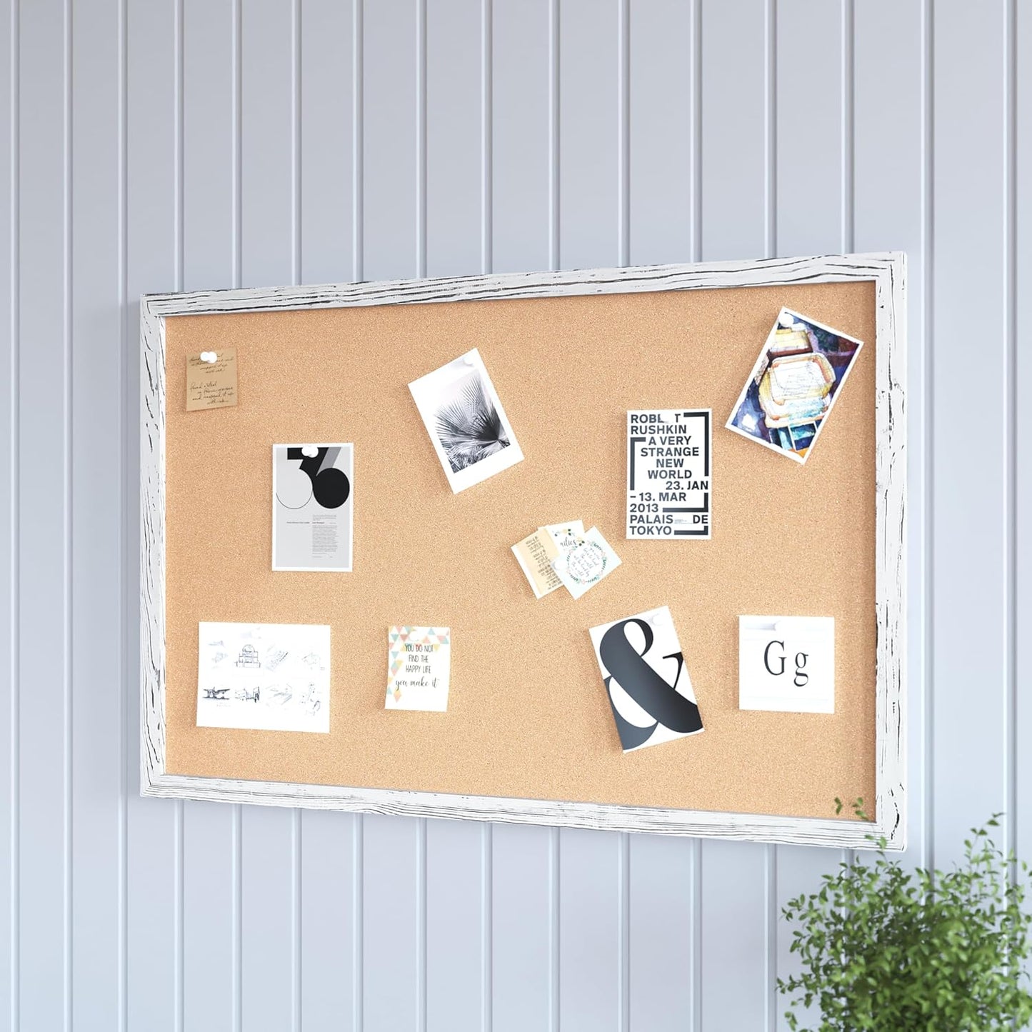 HBCY Creations Wall Mount Whitewashed Cork Board - 24" W x 36" H - 6 Wooden Push Pins - Solid Pine Wood Frame - for Kitchen, Classrooms, Restaurant Menus and More!