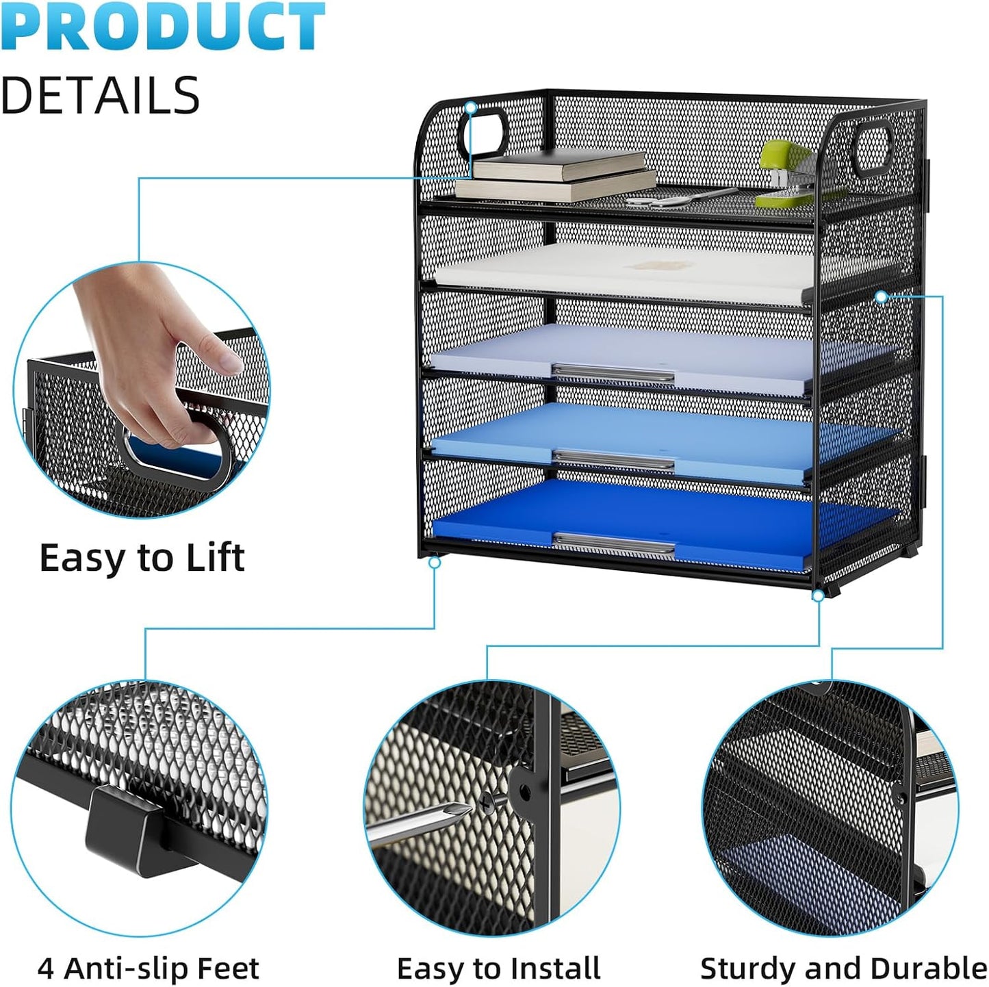 Marbrasse Desk Organizer - 5 Tier Paper Letter Tray, Mesh File Organizer with Handle for Office, School and Home