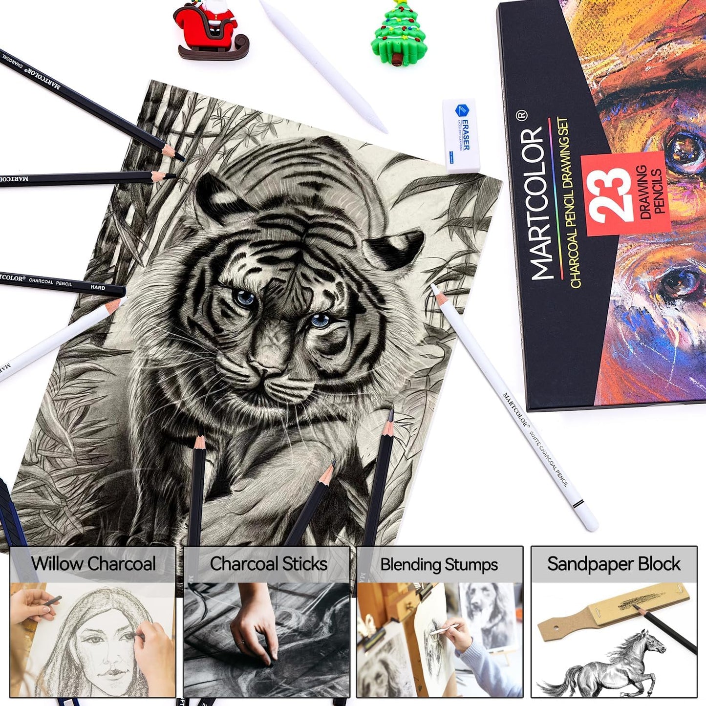 Charcoal Drawing Set, Set of 23, Graphite Pencils, Black & White Charcoal Pencils for Drawing, Sketching, Shading, Blending, Artist Pencils for Beginners & Pro Artists ﻿