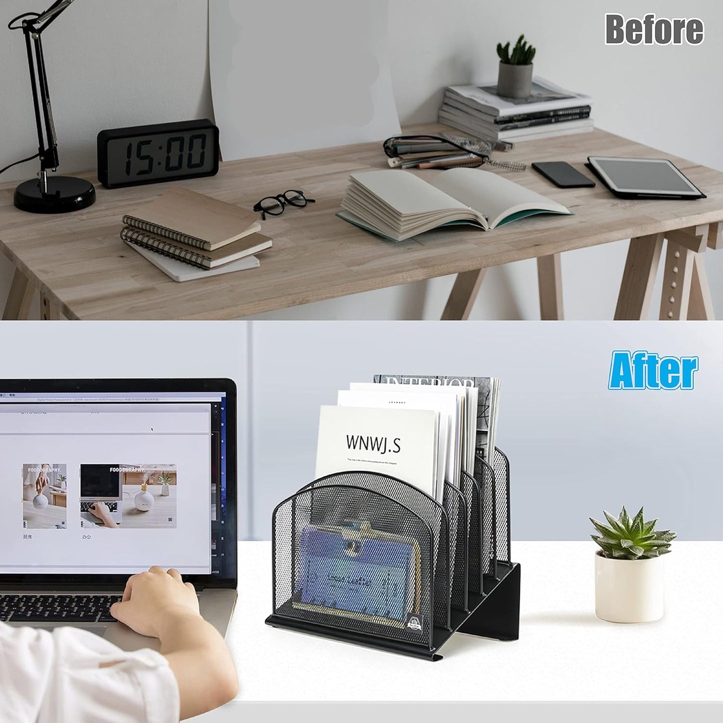 Inclined Desk File Organizer, 5-Section Vertical File Folder Holder Stand Metal Rack File Sorter for Office Classroom Desktop Organization (Black, 1Pack)