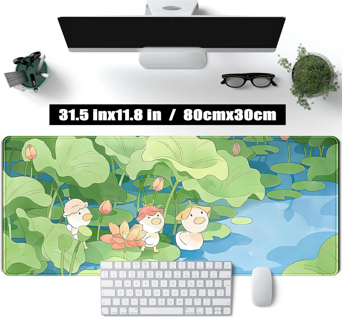 Kawaii Desk Mat Cute Mouse Pad Green Healing Design Cartoon Anime Duck Desk Pad Large Laptop Keyboard Mat Pad Computer Mouse Pads for Girl Desk Office Decor, 31.5x11.8 in Desktop Mousepad Deskmat