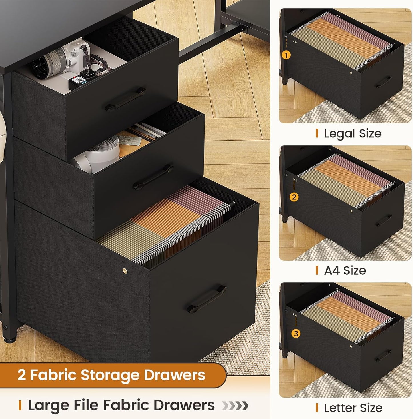 SEDETA L Shaped Computer Desk, 58'' Office Desk with 3 Drawers and Bookshelf, L Shaped Corner Desk with Storage Shelves and LED Light for Home Office, Gaming Desk, L Desk, Black