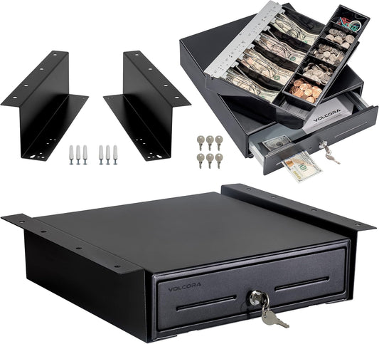 Volcora Cash Register Drawer with Under Counter Mounting Metal Bracket, 13" Black Cash Drawer for POS, 4 Bill 5 Coin Cash Tray, Fully Removable 2Tier Compartment 24V RJ11/RJ12 Key-Lock, 2 Media Slots