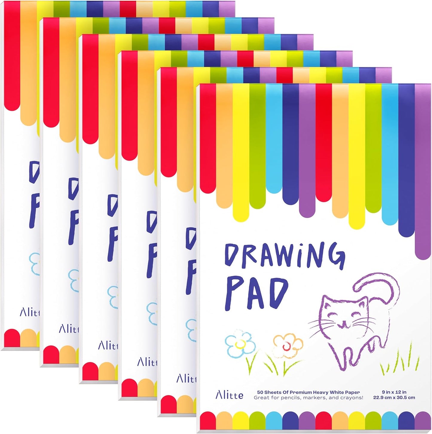 Alitte Drawing Pad for Kids - 6-Pack (9x12) Drawing Paper with Easy-Tear Pages - 50 Sheets - Kids Art Supplies | Sketch Pad for Drawing & Coloring - Suitable for Children and Toddlers