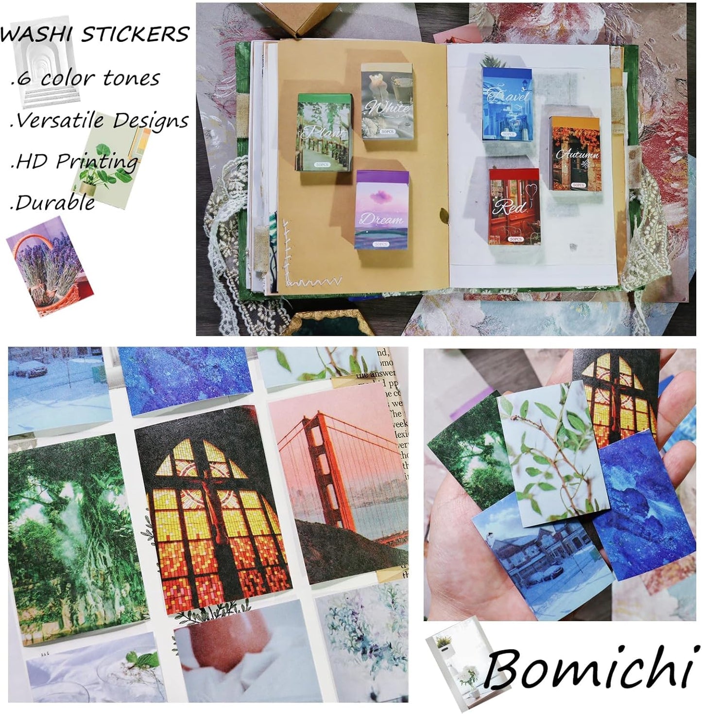 Washi Stickers, 6 Sets 300 Pcs Aesthetic Sticker Book for DIY Journaling, Journaling Supplies for Bullet Journal Art Diary Card Craft Gifts Planner Notebook.