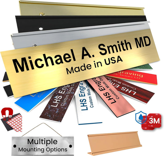 Engraved Name Plates for Door Sign Personalized Brushed Brass Plastic Plaque with Black Letters - Made in USA 2x12 M6