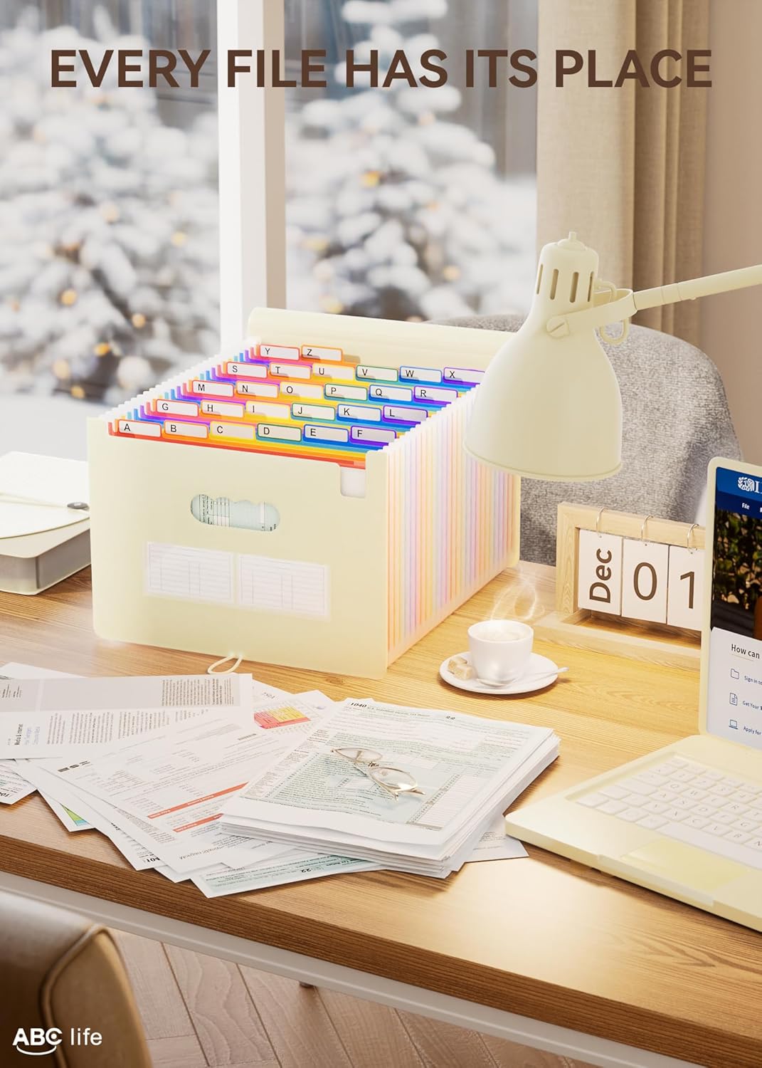 ABC life 26 Pockets Accordion File Organizer, Expanding File Folder, Portable Monthly Paper Bill Tax Receipt Organizer, Letter A4 Size Document Organizer with Blank Labels - Beige Color