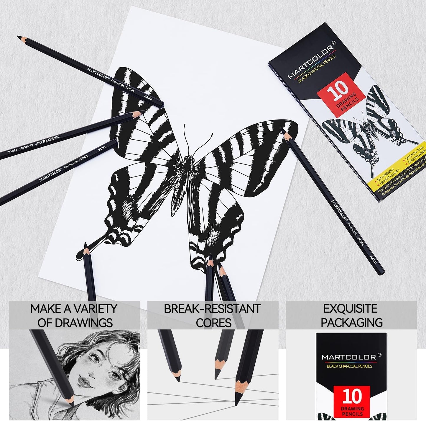 Charcoal Pencils for Drawing, 10 Pieces (S-Soft, Ex-Soft, Soft, Medium, & Hard) Black Charcoal Pencils for Sketching, Shading, Blending