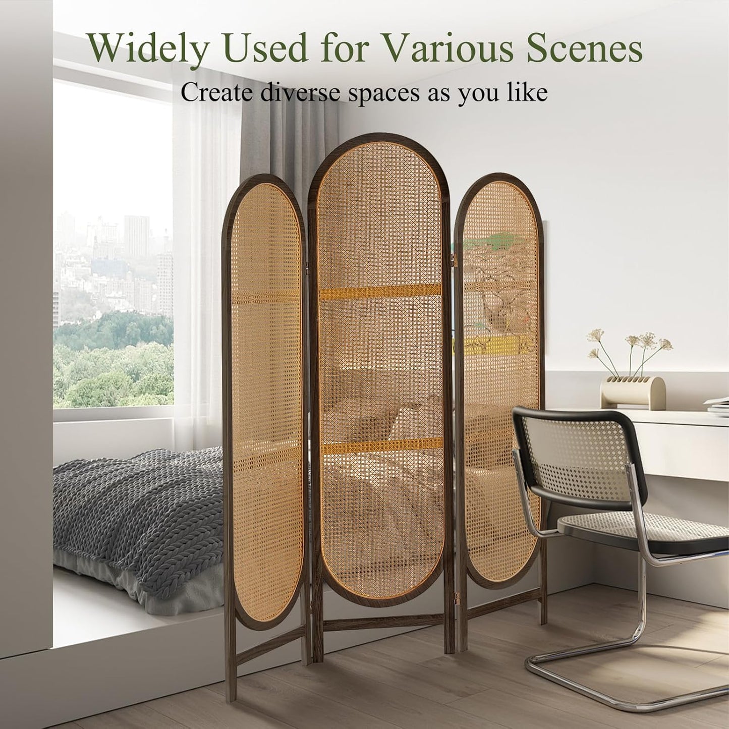 Room Divider Panel, 3 Panel Roomdivider Wall, Wood Room Dividers and Folding Privacy Screens, Rattan Partition Room Dividers, Privacy Dividers for Rooms, Bedroom, Dining Room, Dark Brown