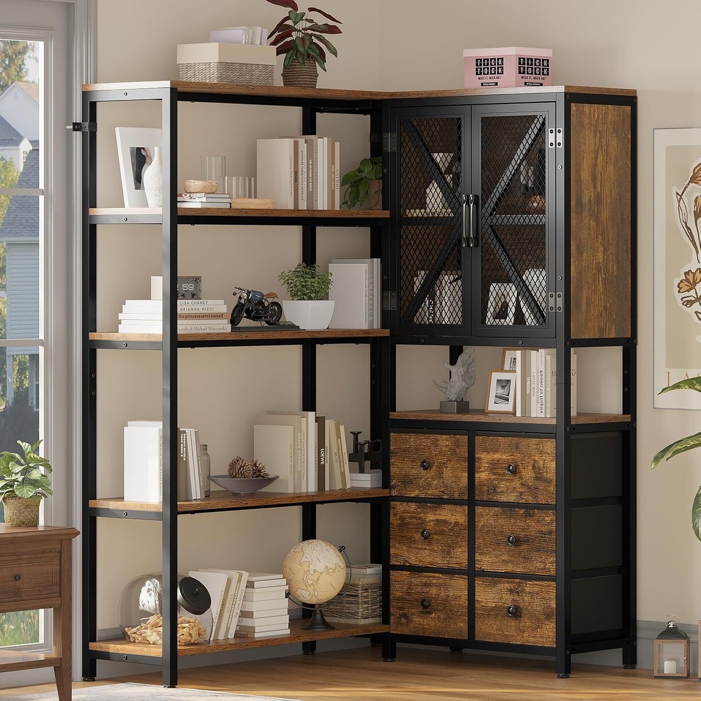 Corner Bookshelf, 5 Tier Industrial Convertible Bookshelf with 6 Fabric Drawers, Corner Bookcase Large L Shaped Storage Display Shelf for Home Office, Living Room, Kitchen, Rustic Brown