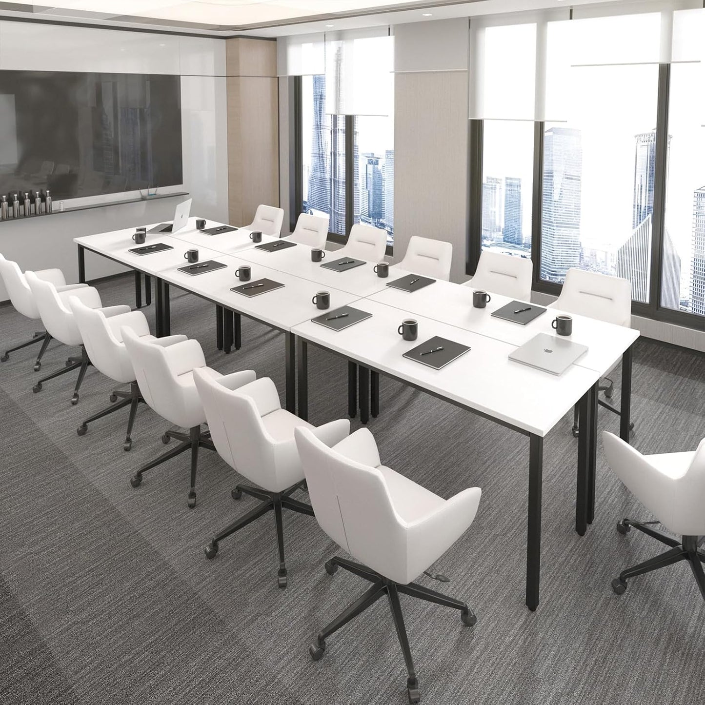 Bonzy Home Conference Tables 14ft Office Computer Desk for Meeting Room Study Writing Printer Table Office Computer Desk for 16 People Rustic Modern White 6PCS (165.3"x47.2"x29.5")