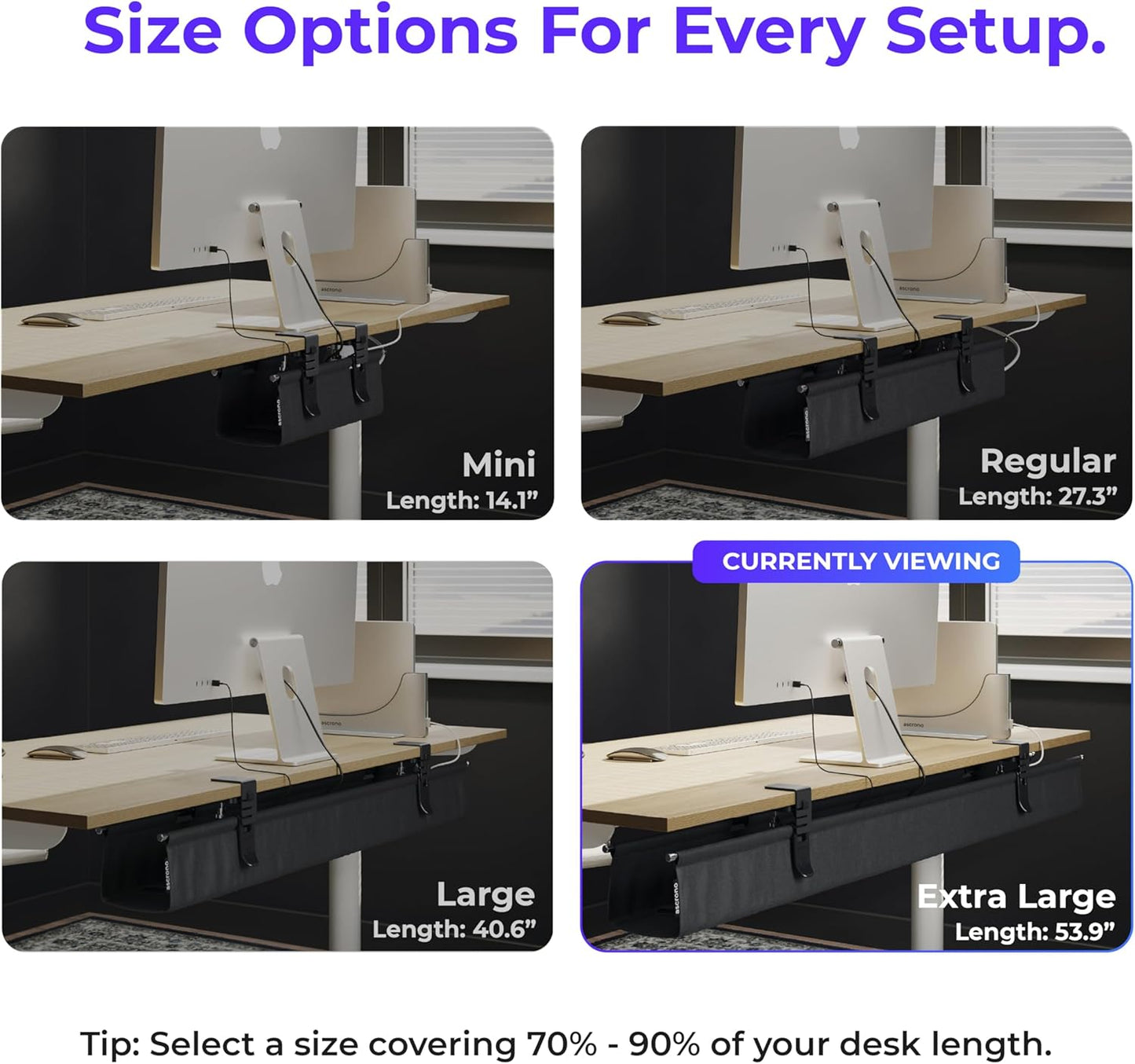Original No Drill Under Desk Cable Management Tray 53.9" - Premium Black Fabric Cable Management Under Desk - Clamp/Screw Mount Cord Organizer - Supports Upto 66lbs - Extra Large