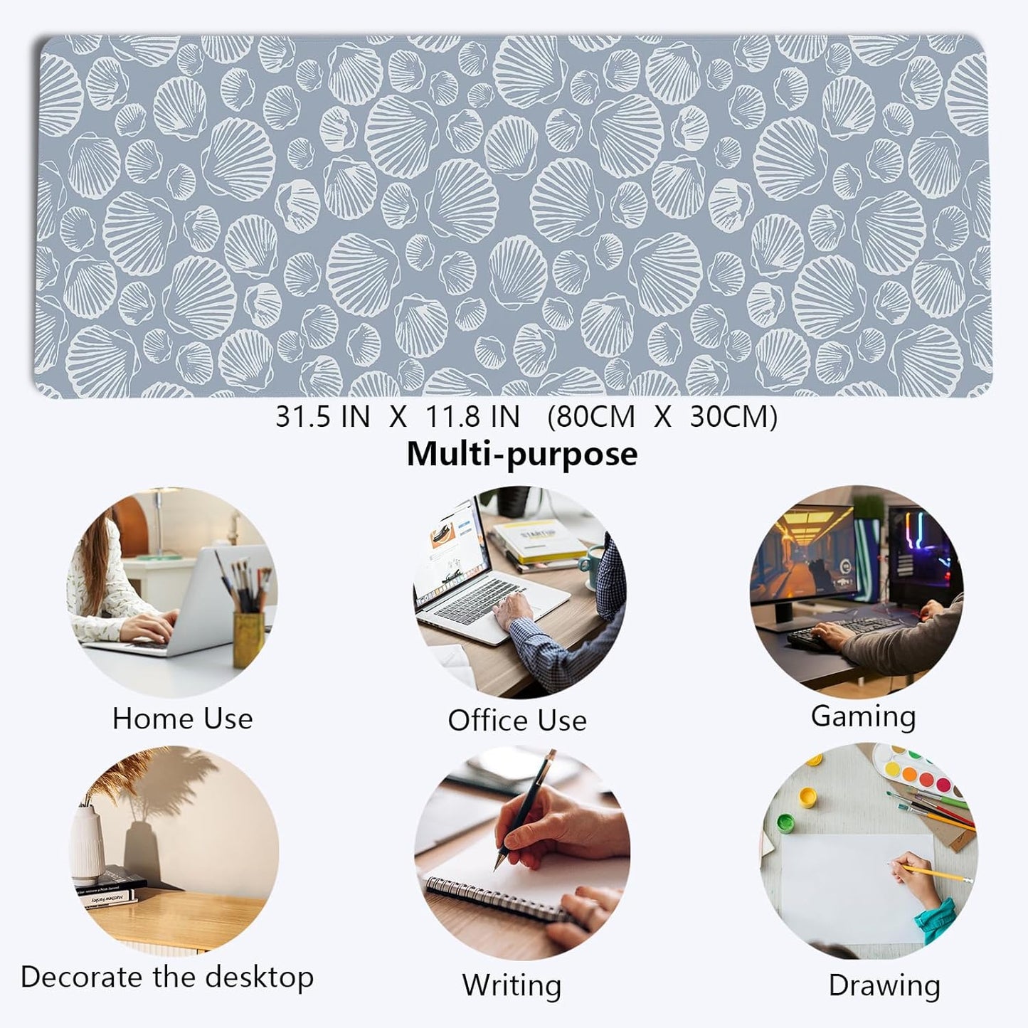 Seashell Mouse Pad,Coastal Beach Mouse Pad,XL Large Ocean Beach Seashell Desk Mat,Girly Summer Beachy Gaming Computer Pads,Girly Laptop Desk Mat,Summer Beachy Desktop Decor Art,31.5x11.8 Inch