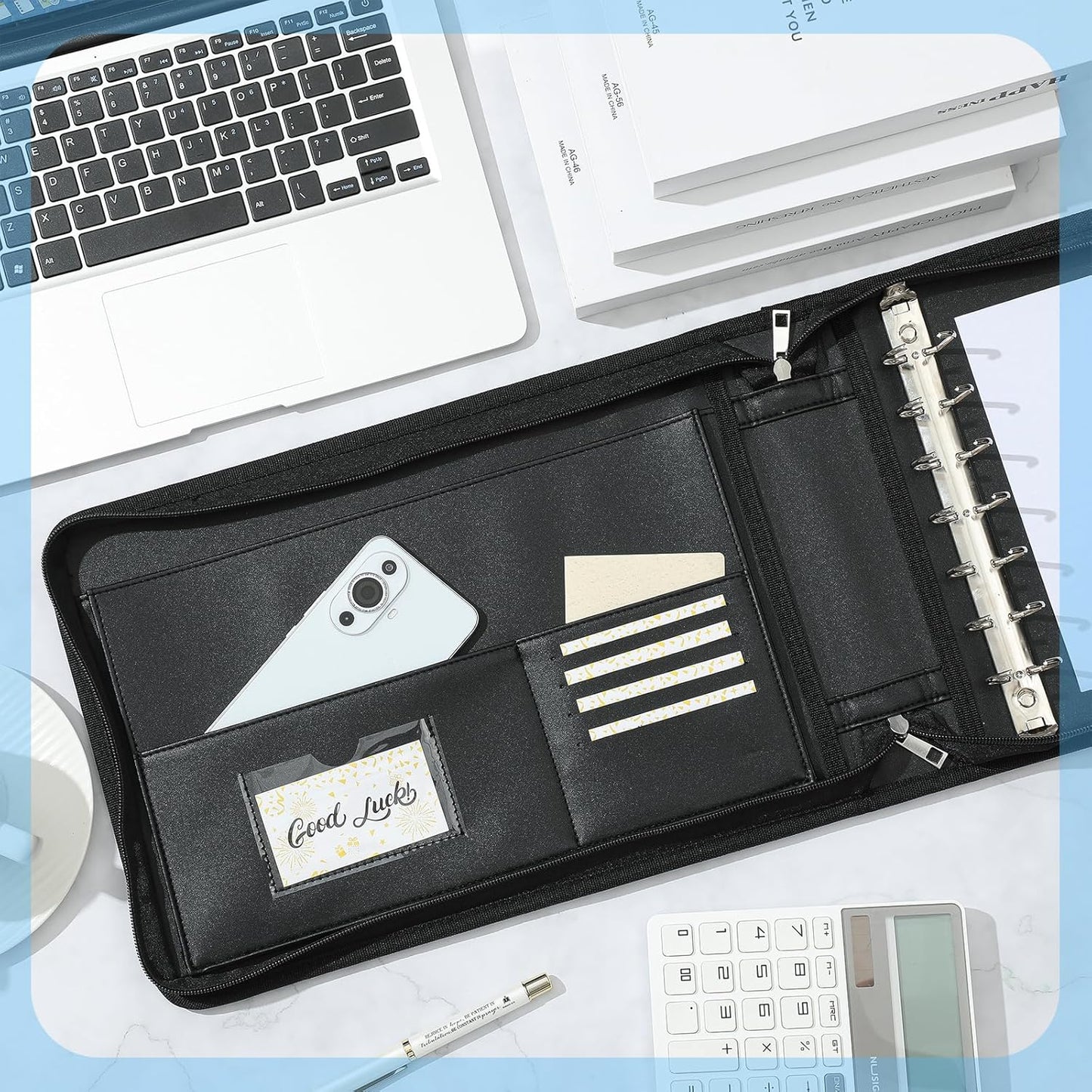 Henoyso 7 Ring Fireproof Business Checkbook Binder with Zipper 1.5 Inch D Rings Check Binder 9 x 13 Inch Checks 600 Sheets Capacity Built in Storage Organizer for Office Storage(Black)