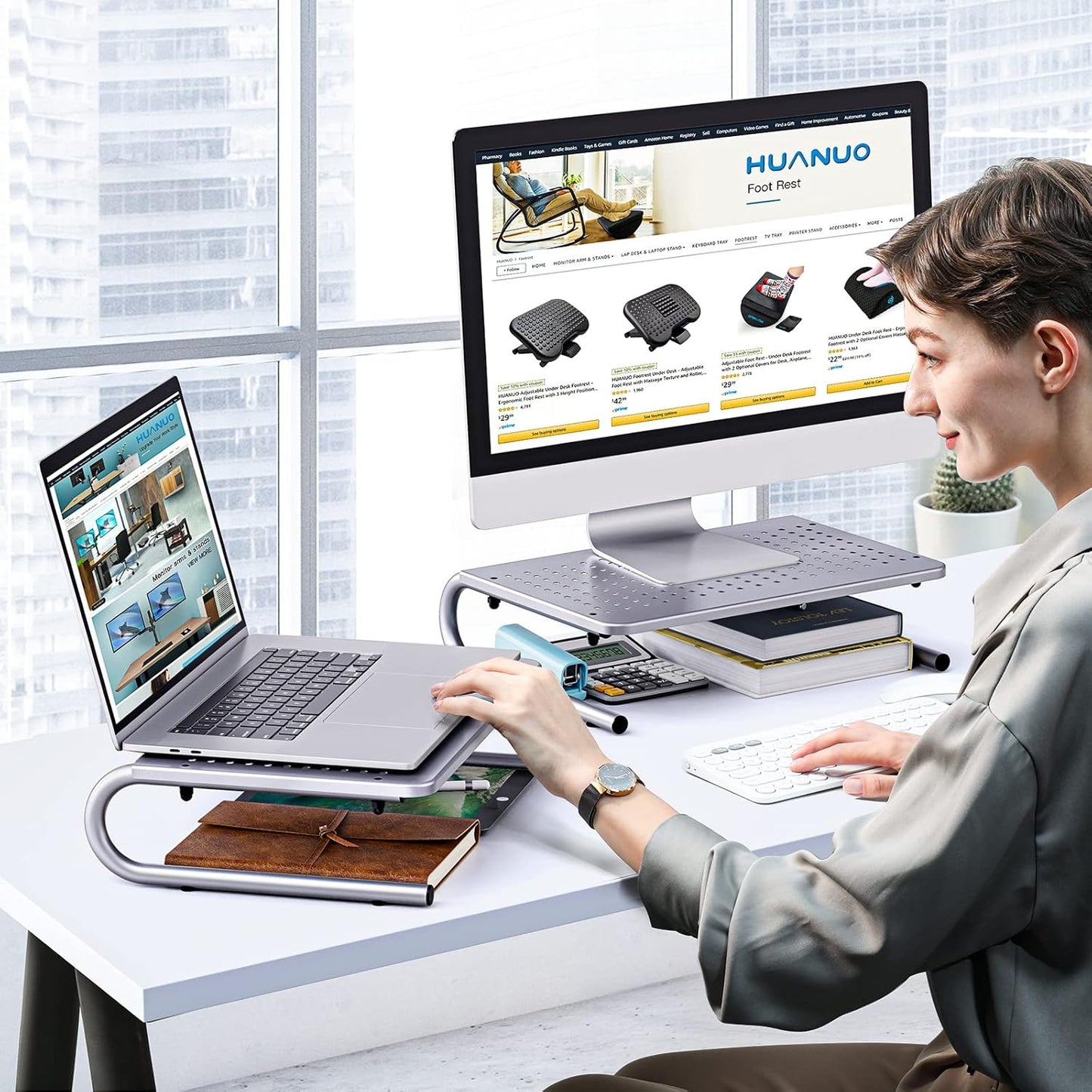 HUANUO Monitor & Laptop Stand - Metal Vented Riser for Screen, Laptops, Printers - Home & Office