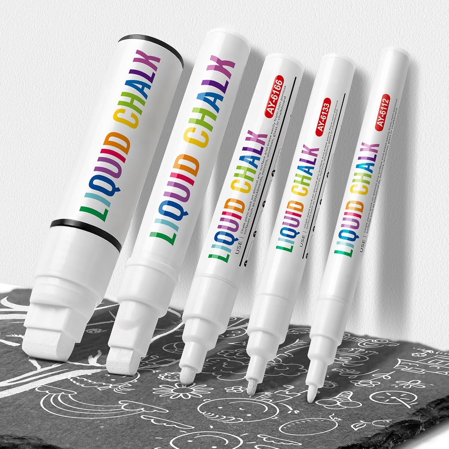 White Chalk Markers For Chalkboard, Liquid Chalk Markers Erasable 5 Variety Pack - 1mm Ultra Fine Tip, 3mm Fine Tip, 6mm Medium, 10mm Bold, 15mm Jumbo For Blackboard, Car Window, Signs, Glass, Bistro