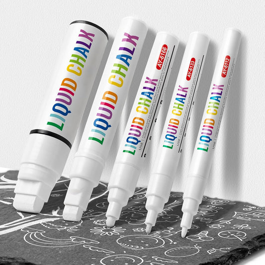 White Chalk Markers For Chalkboard, Liquid Chalk Markers Erasable 5 Variety Pack - 1mm Ultra Fine Tip, 3mm Fine Tip, 6mm Medium, 10mm Bold, 15mm Jumbo For Blackboard, Car Window, Signs, Glass, Bistro