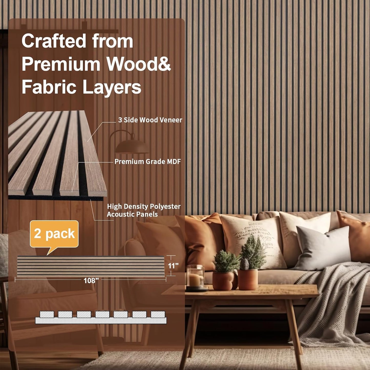 Yuzzy Wood Panels for Wall - 9 Feet Dark Walnut Wood Slat Acoustic Panels 2 PCS - Modern Sound Absorbing Wall Panels for Interior Wall Decor for Home, Office, Studio