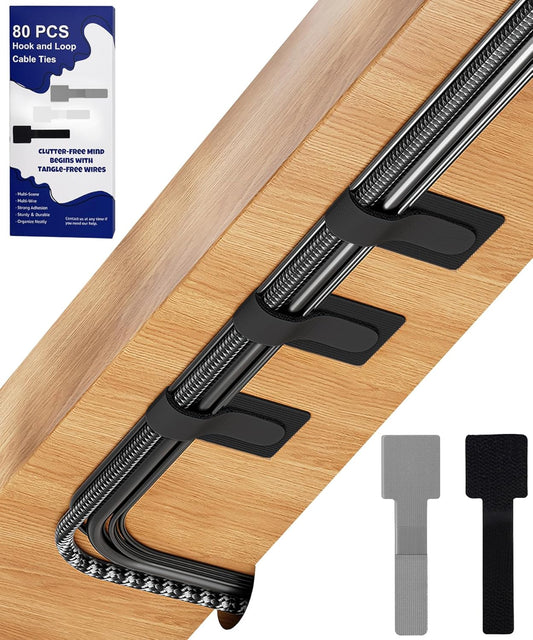 80PCS Hook and Loop Cable Ties, Hook and Loop Cable Straps, Under Desk Cable Management, Adhesive Cable Clips, Sticky-Back Cord Organizer for Desk, Household & Office Organization (Black+Gray)