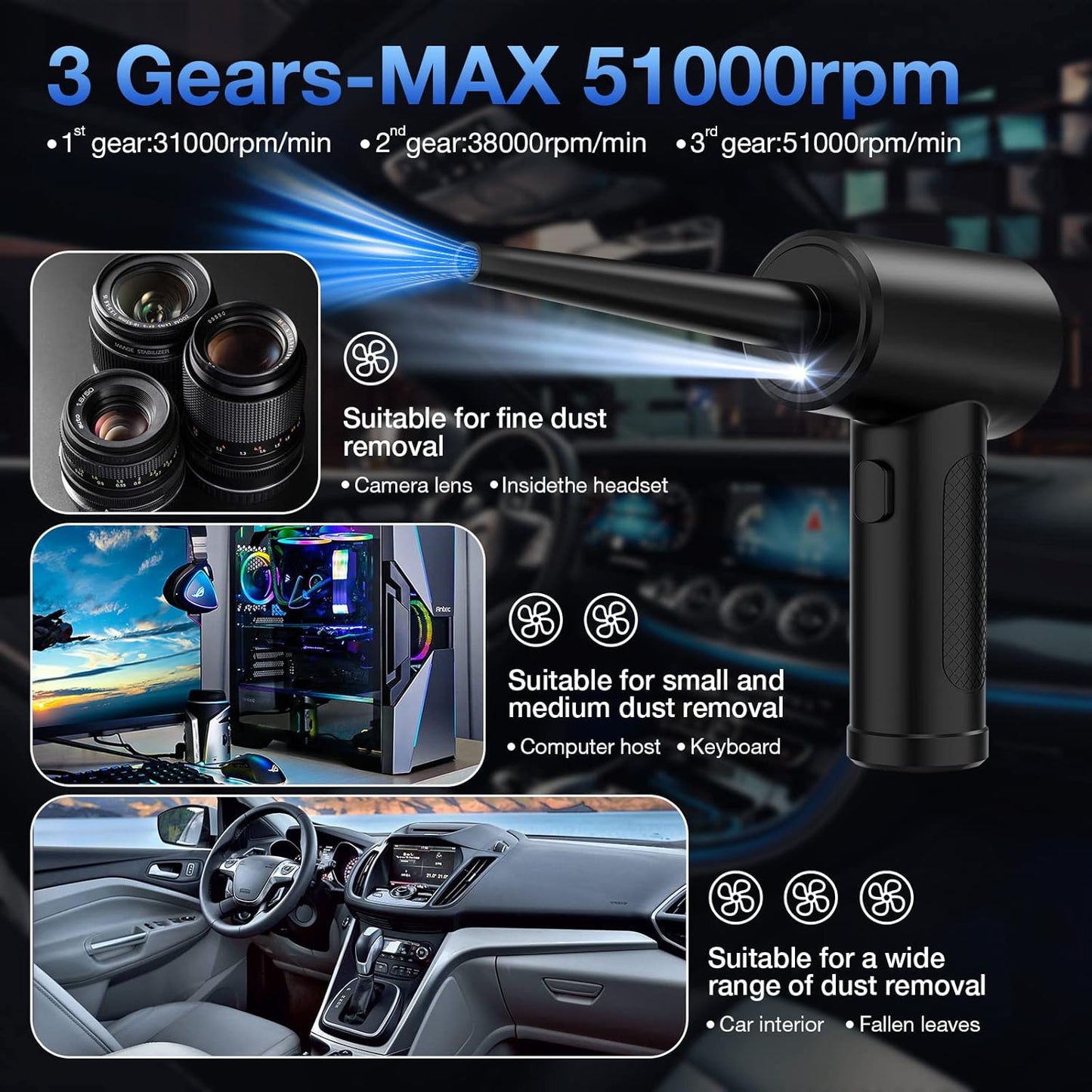 Compressed Air Duster, 3 Gear to 51000RPM Cordless Electric Air Duster, 6000mAh Rechargeable Air Blower with LED Light for Laptop Computer Camera Keyboard Cleaning Dust Hair Replace Compressed Air Can