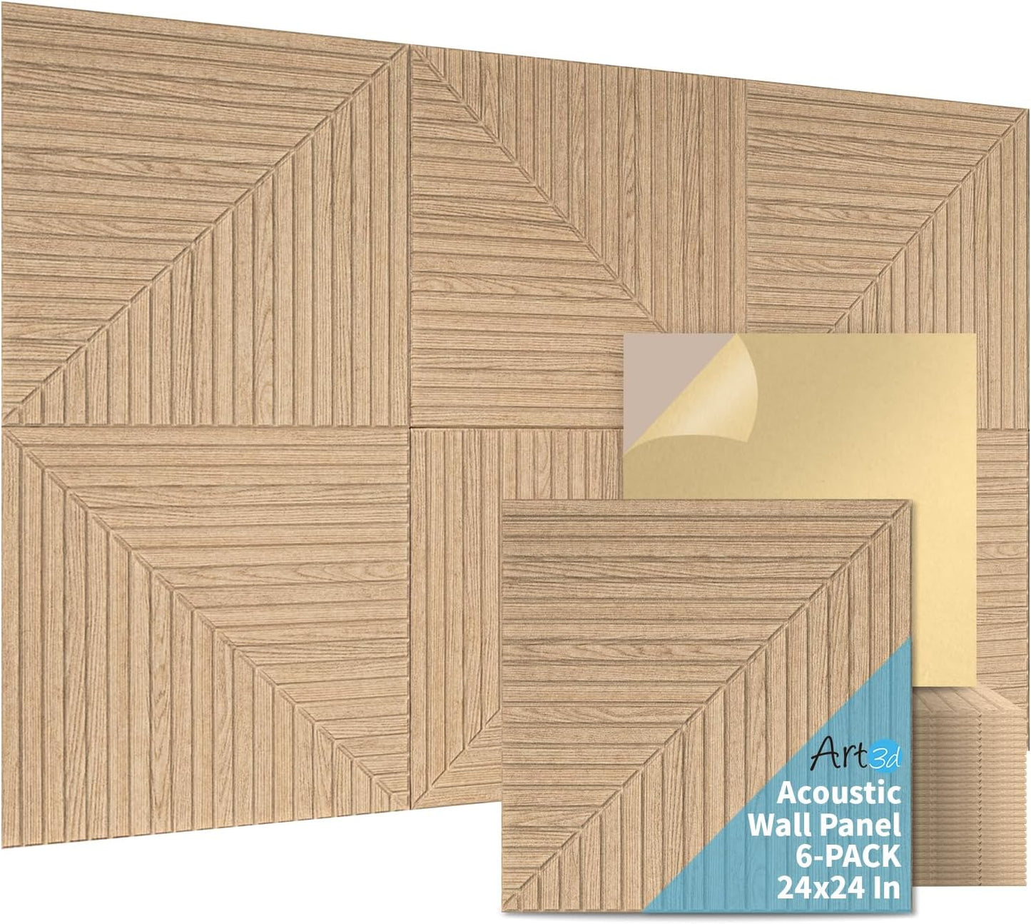 Art3d 6-Pack Self-Adhesive Acoustic Wall Panels for Home Décor, 24 x 24 Inch Soundproofing Panels for Office Studio Bedroom - High Noise Absorption Polyester Fiber, Wood Grain Airbrush