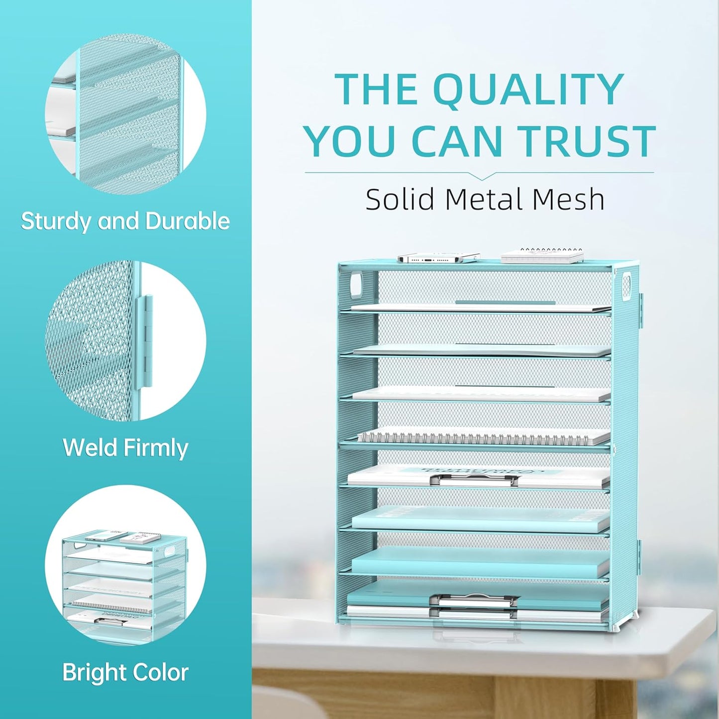 DALTACK 9-Tier Paper Letter Tray Desk Organizer with Handles, Mesh File Holder Organization, Paper Sorter Desk Organizer for Office Home School, Blue 2 Pack