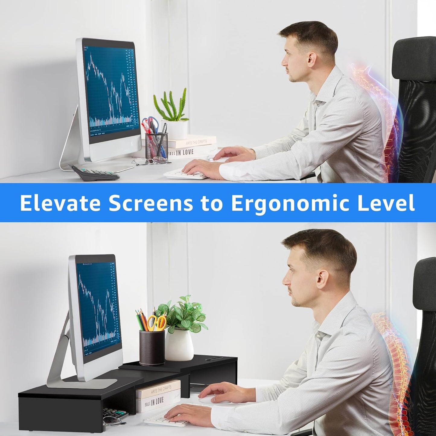 Dual Monitor Stand Riser for 2 Monitors, Monitor Stand for Desk, Adjustable Length & Swivel Angle Wooden Desktop Organizer Stand Riser with Smartphone Holder for PC Monitor Laptop, Black