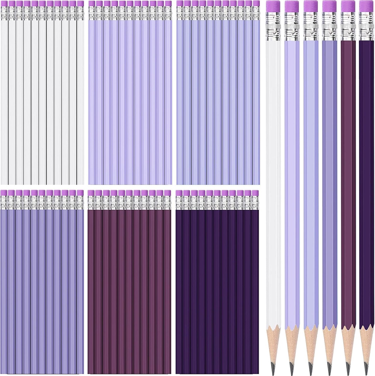 TecUnite 60 Pcs HB Pencils #2 Unsharpened Wood Cased Pencils with Eraser Hexagonal Pencil Cute Graphite No 2 Pen for Adults Gifts Exam School Office Sketching Learning(Purple Series, White)