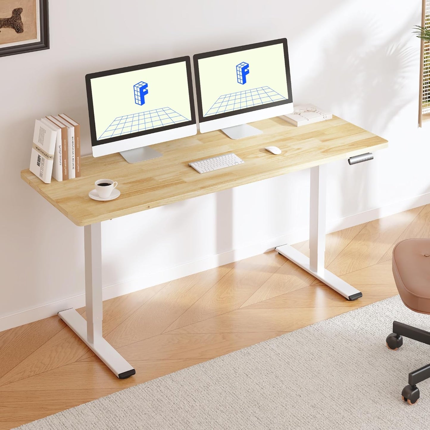 FLEXISPOT E3 Solid Wood Dual Motor Standing Desk 71x30 Inch Whole-Piece Board Electric Height Adjustable Stand Up Desk (White Frame + Rubber Wood Desktop)