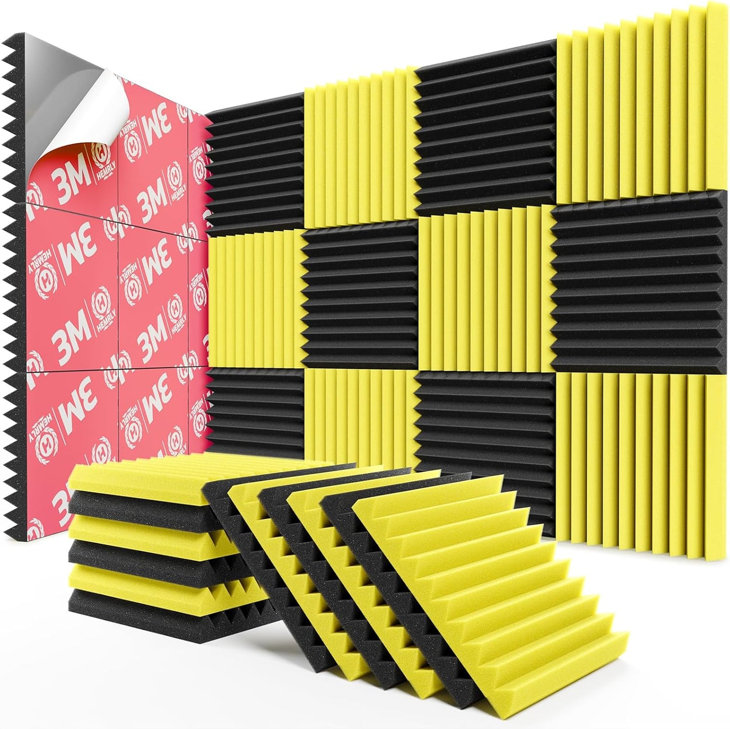 12 Pack Sound Proof Foam Panels for Walls,Self-Adhesive Foam Acoustic Panels Sound Absorbing,High Density Quick-Recovery Soundproof Wall Panels 12" X 12" X 1"-Black and Yellow