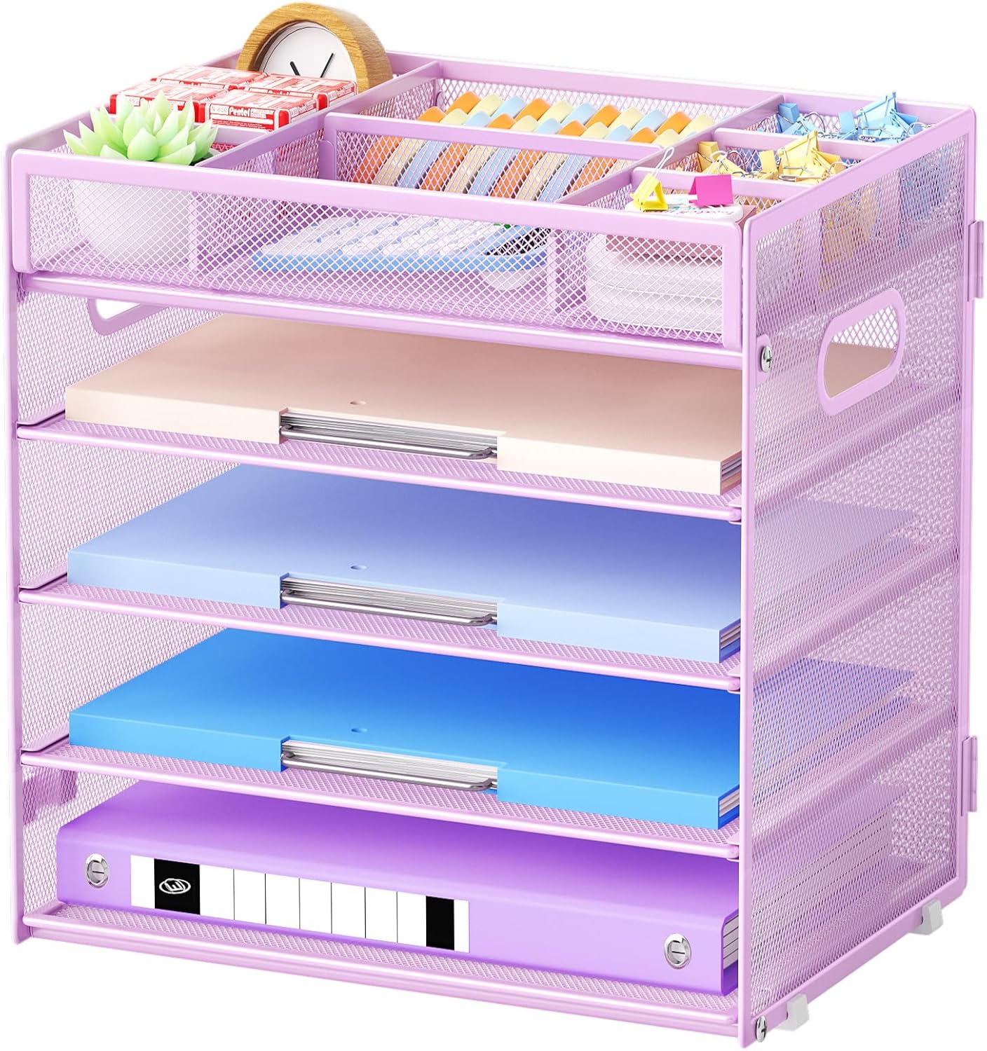 Marbrasse 5-Tier Letter Tray Paper Organizer with Handle, Multi-Functional Mesh File Organizer for Desk, Adjustable Compartments Mesh Desktop Storage for Office Supplies, Purple