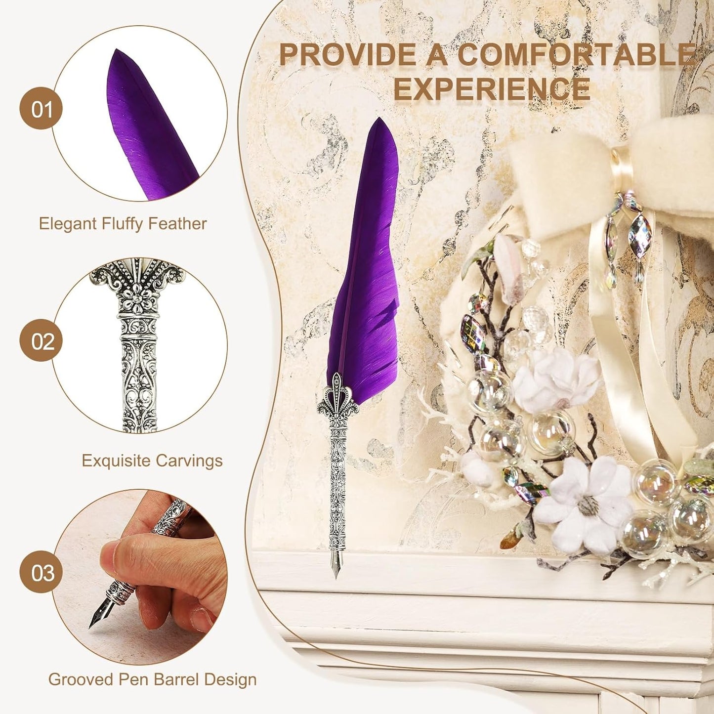 PATIKIL 26.5cm/10.4" Calligraphy Feather Quill Pen, Vintage Feather Dip Pen with 5 Replacement Nibs for Calligraphy Writing Wedding Office Gifts, Purple