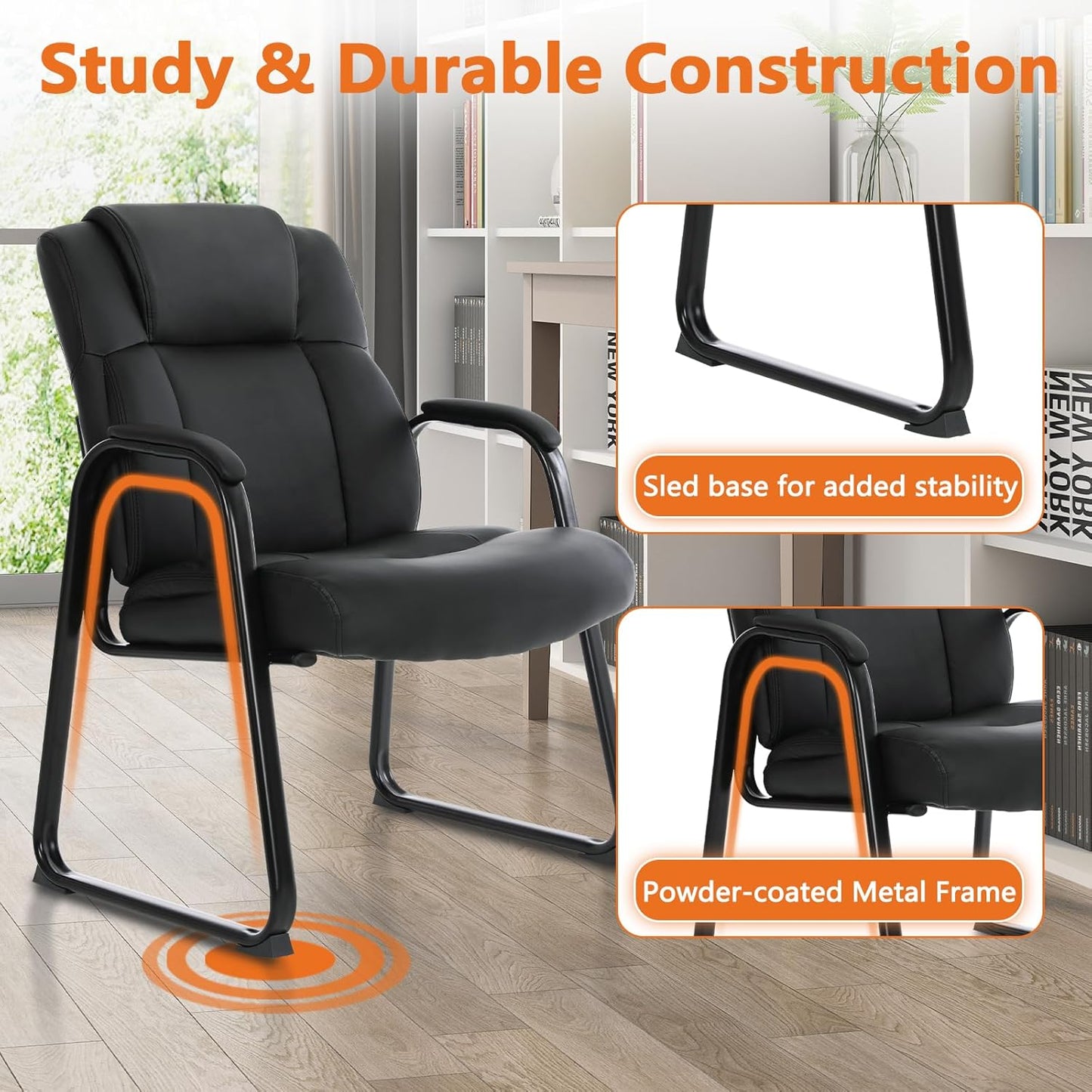 CLATINA Big & Tall 500 lb. Guest Chair, Leather Reception Chairs with Sled Base and Padded Arm Rest for Waiting Room Office Home and Meeting Conference-Black