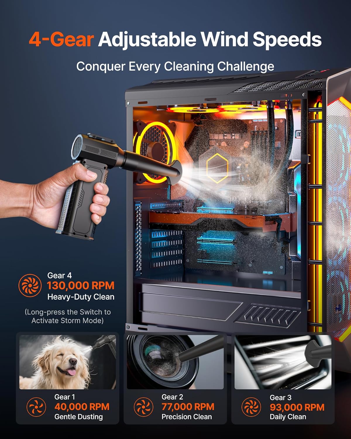 Compressed Air Duster, 130,000RPM Ultra-Powerful Cordless Electric Air Duster with 8000mAh Rechargeable Battery, 4-Gear Adjustable Air Blower for Keyboard, Computer, Car, Home Cleaning