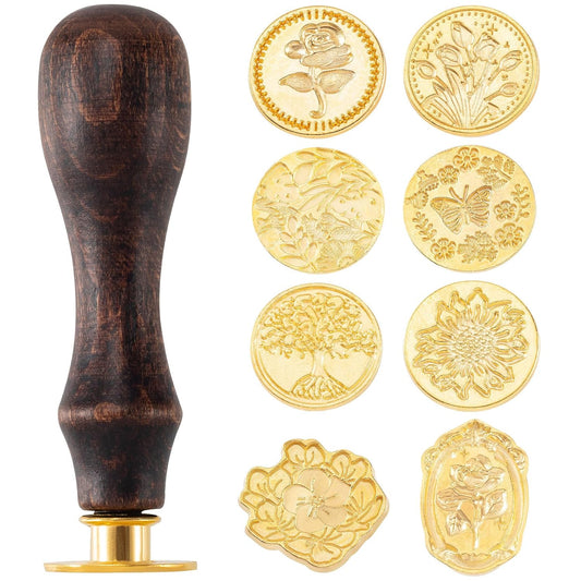 9pcs Wax Seal Stamp Kit, Brass Sealing Wax Stamps Head & Wooden Handle for Wedding Invitations Cards Envelopes(Tree of Life+Tulip+Vintage Rose+Love Rose+Daisy+Butterfly+Sakura+Leaves)
