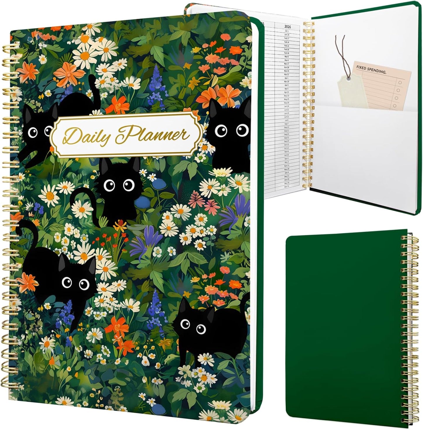 Undated Daily Planner - Spiral Notebook 80 Days One Day Per Page, Hourly Schedule, To-Do List, Notes, Everyday Planning Task, A5 Hardcover Journal Organizer Book Women Cute, Cat Garden