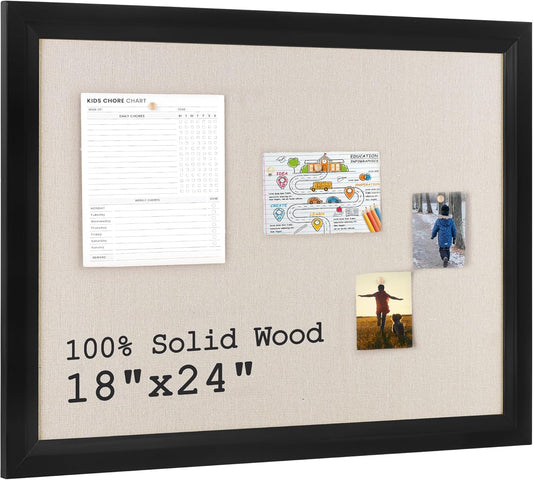 Bulletin Board Cork Board with Linen, 100% Wood Framed 18" x 24" Bulletin Board Decorations, Pin Boards for Walls, Wall Mounted Fabric Picture Board with 10 Pushpins for School, Home & Office, Black