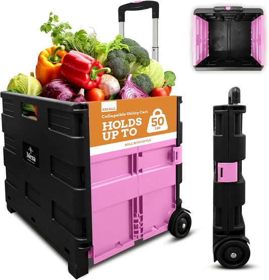 Inspired Living Ultra-Slim Rolling Collapsible Storage Pack-N-Roll Utility-carts, with Telescopic Handle, for Home, Garden, Shopping, Office, School use, Medium, Pink & Black