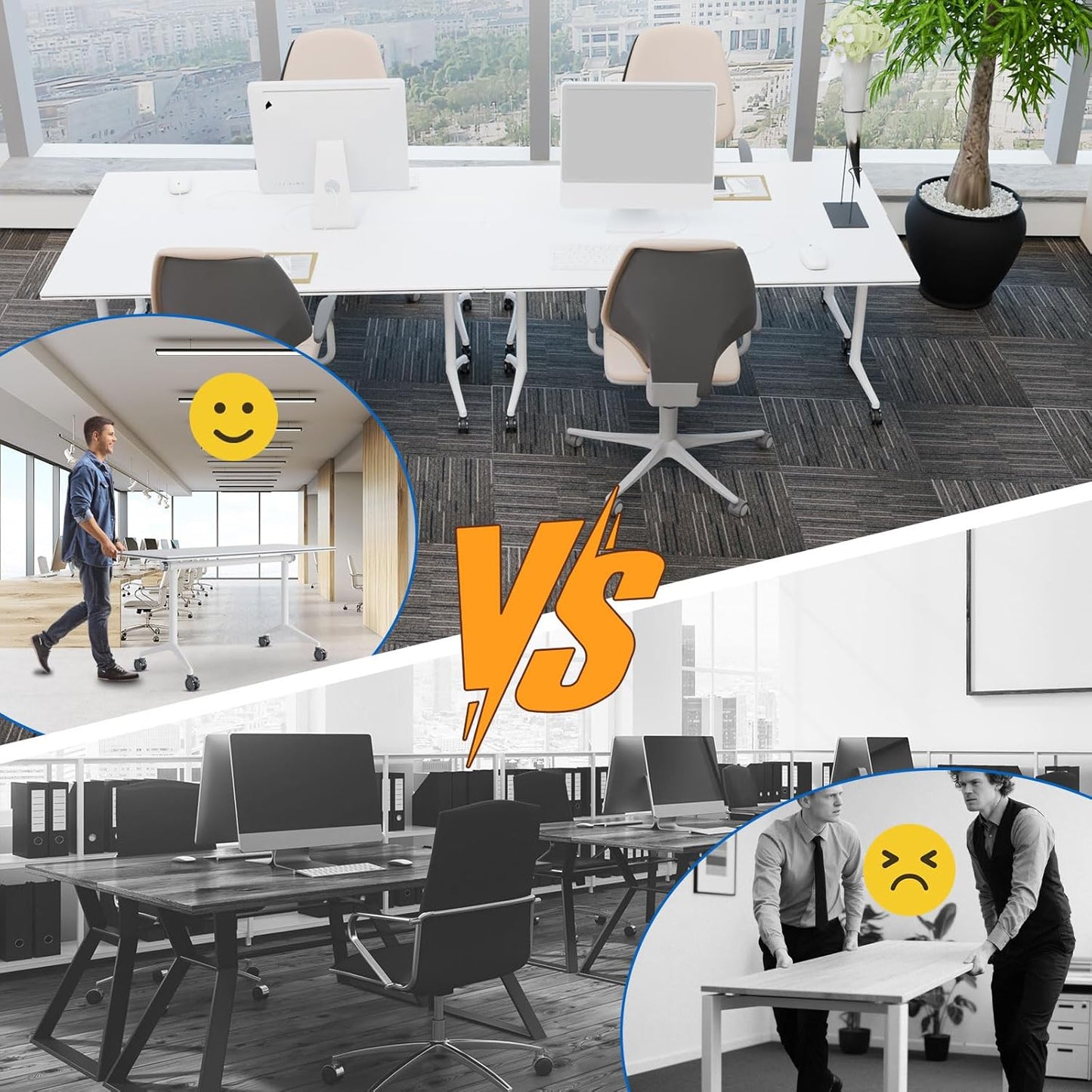 Conference Table, Folding Conference Desk Modern White, Seminar Table with Wheels, 2-10 People for Office, Meeting Break Room (6, 1915, 55IN)