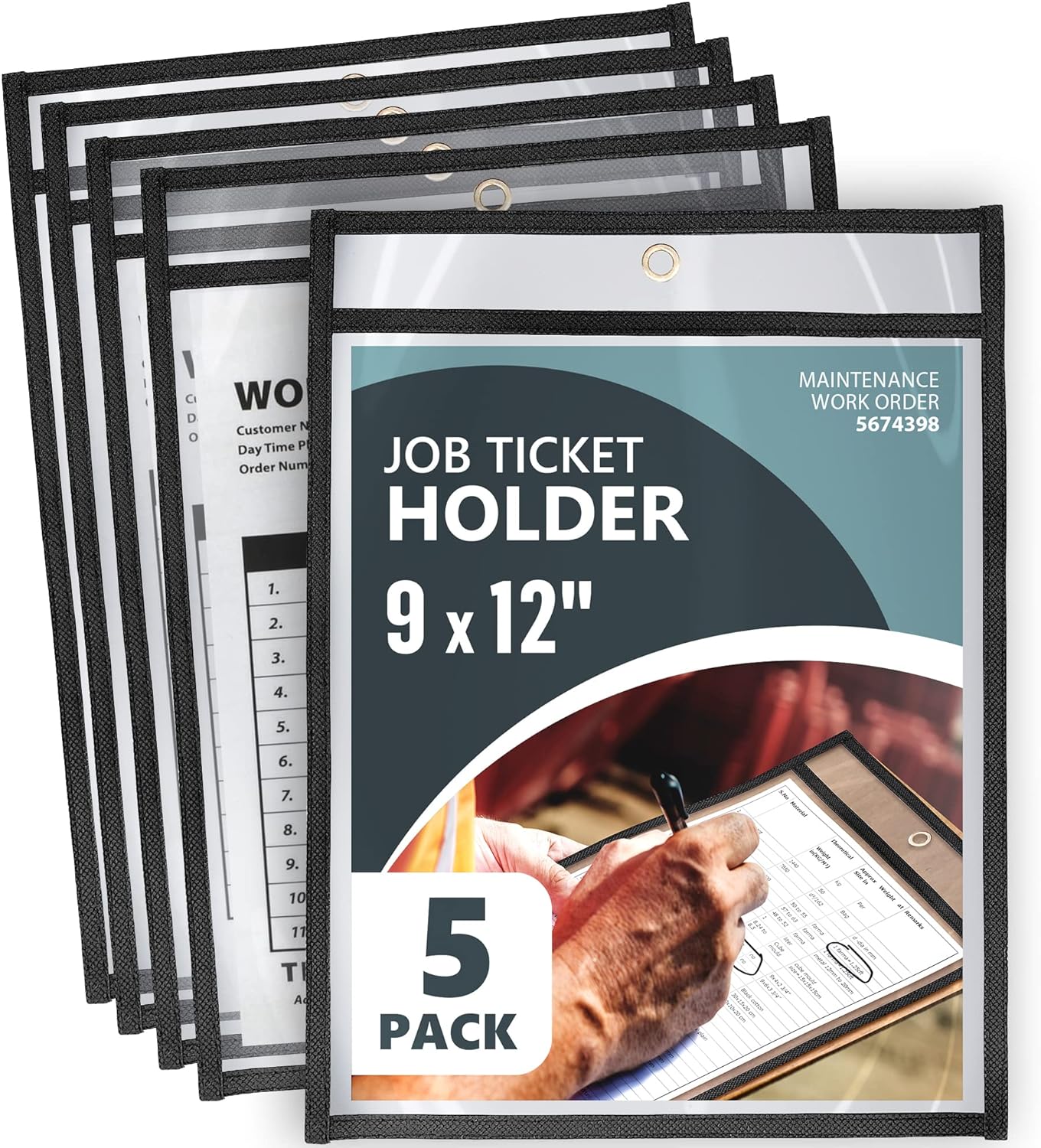 5 Pack Job Ticket Holders 9x12 - Work Order Plastic Sleeves for Documents - Shop Ticket Holders - Heavy Duty Plastic Permit Holder Sleeves - Dry Erase Pocket - Dry Erase Sleeve - Clear Pocket Sleeve